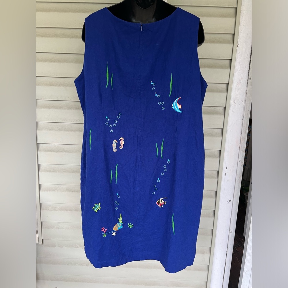 Ultra Dress Linen Blend Sleeveless Dress w Embroidered Fish Womens Sz 24W Lined - Picture 3 of 12